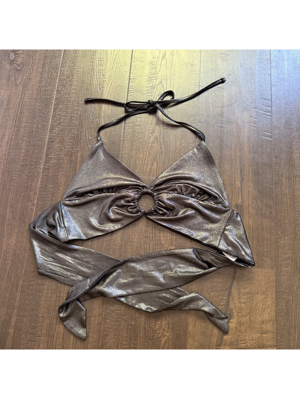 Garage Metallic Brown Halter Wrap Crop Top Cutout Ring Y2K Style XS